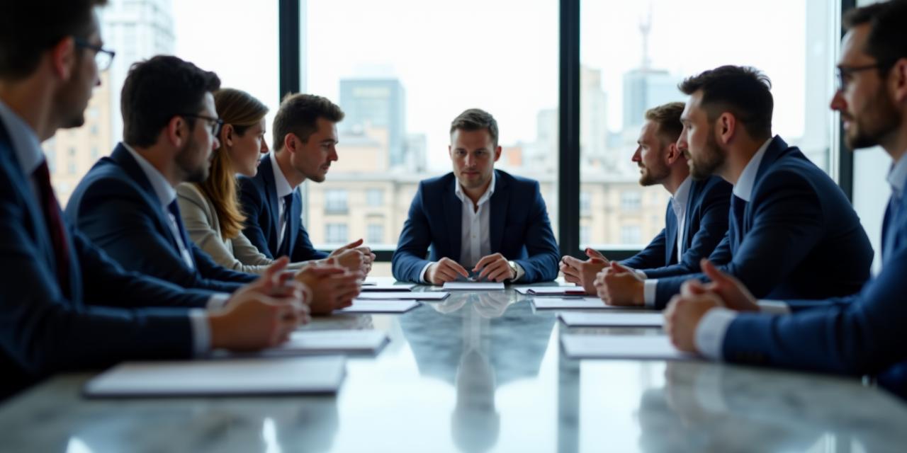 Professional legal consultant discussing strategy with board members